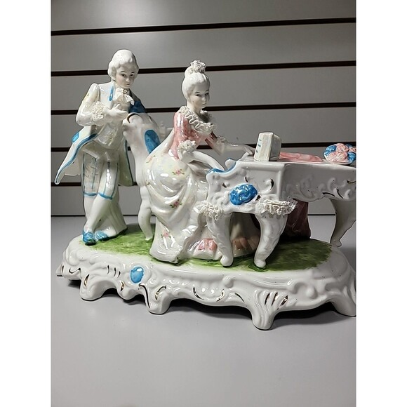 Antique Porcelain Victorian Couple Playing Piano Lace Detail Eradecant Finish - Picture 3 of 10